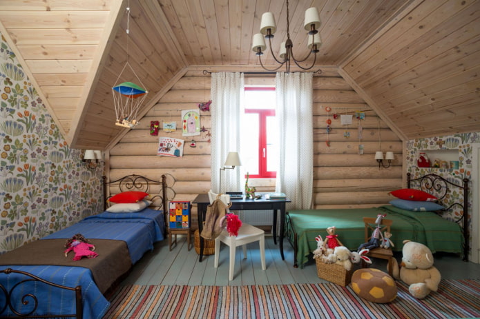 design della cameretta per bambini all'interno di una casa in tronchi