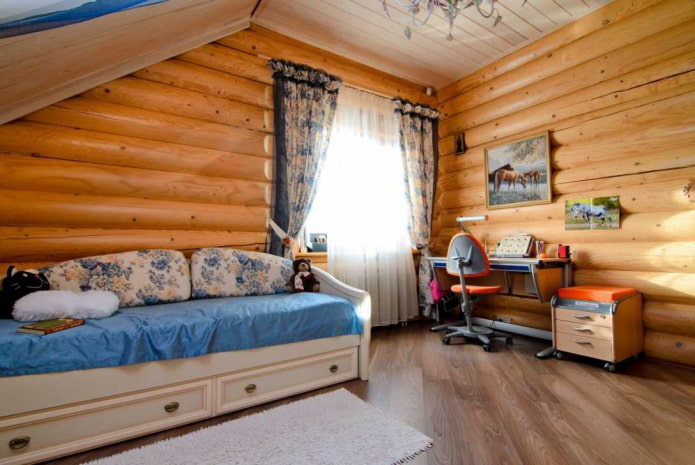 design della cameretta per bambini all'interno di una casa in tronchi