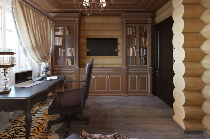progetto di uno studio all'interno di una casa in tronchi
