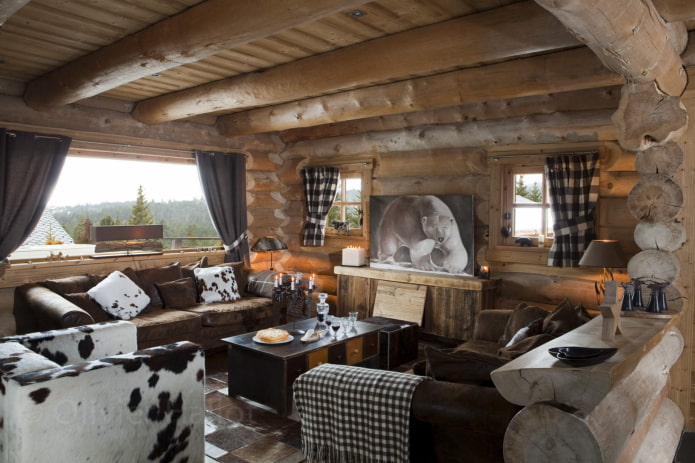 interno di una casa in tronchi in stile chalet