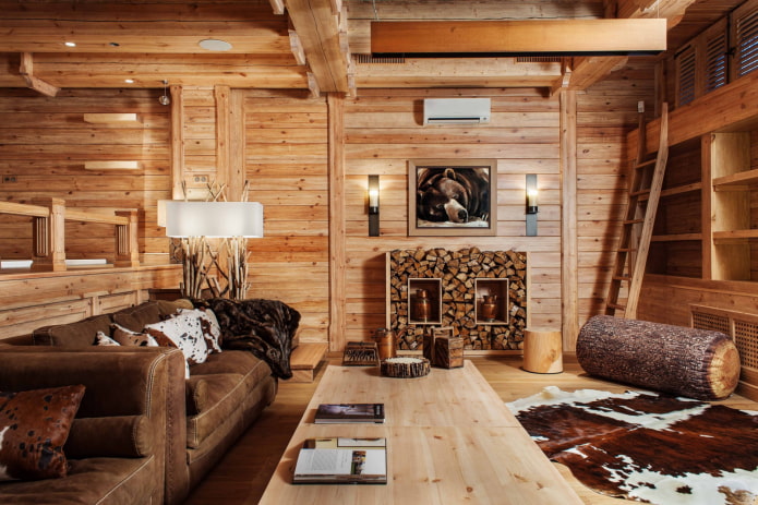 interno di una casa in tronchi in stile chalet