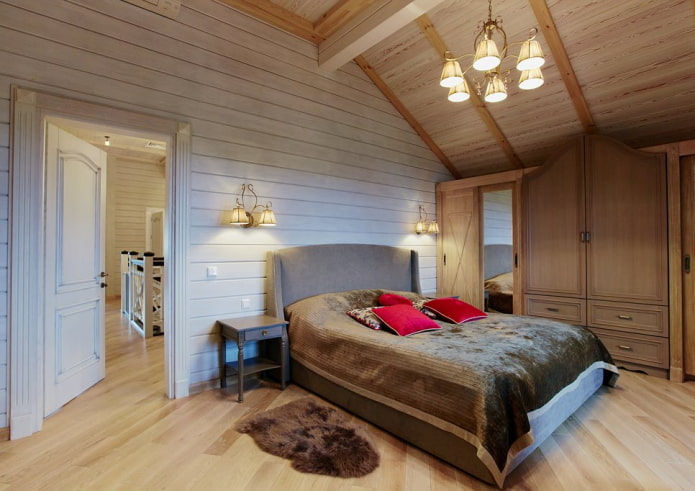 design della camera da letto all'interno di una casa in tronchi