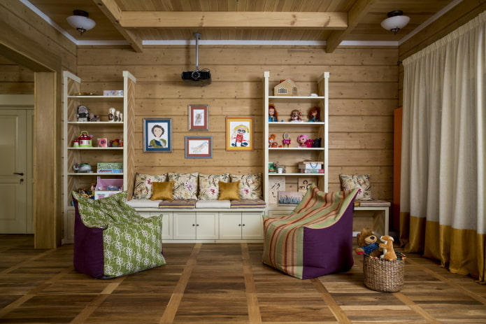 progetto di una cameretta per bambini all'interno di una casa in tronchi