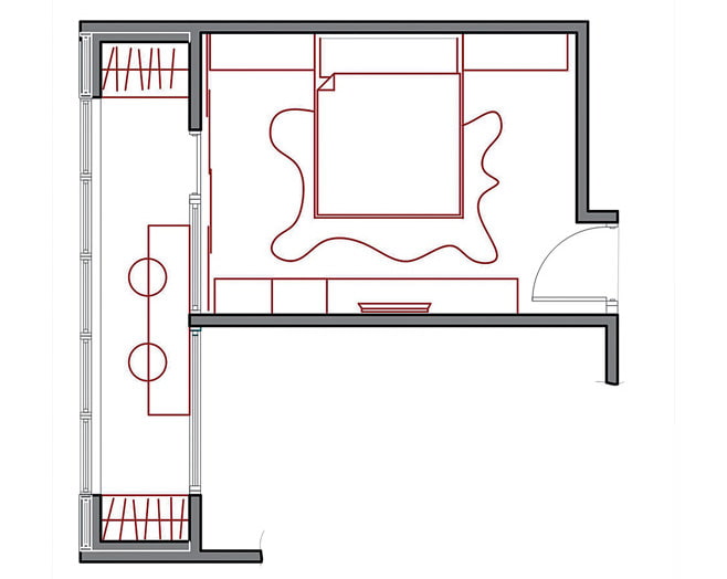 Disposizione camera da letto 14 m2 con balcone