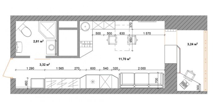disposizione monolocale 18 mq.
