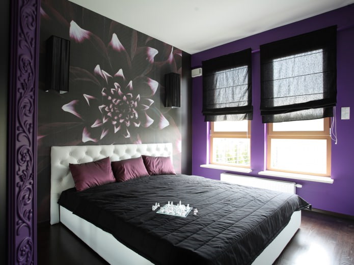 Interni della camera da letto in nero e viola