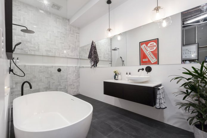 interno del bagno con lavabo a parete in stile moderno