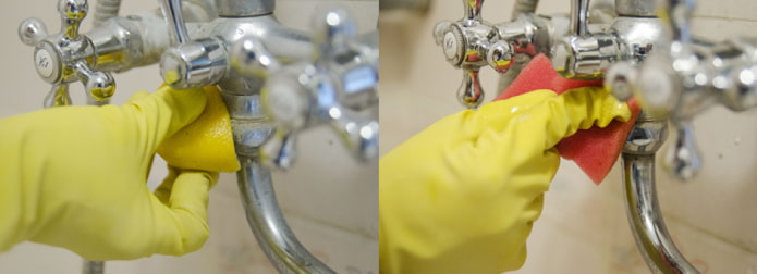 Trattamento dei rubinetti con limone per rimuovere il calcare