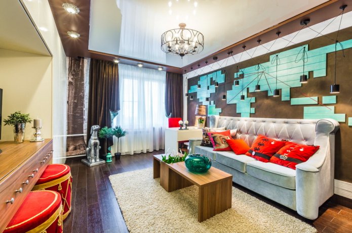 soffitto teso bicolore nel soggiorno