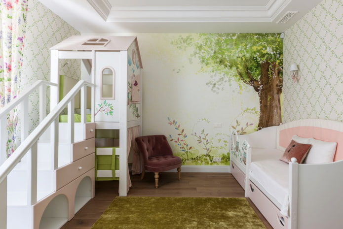 progettazione della camera da letto per due bambine di età diverse 