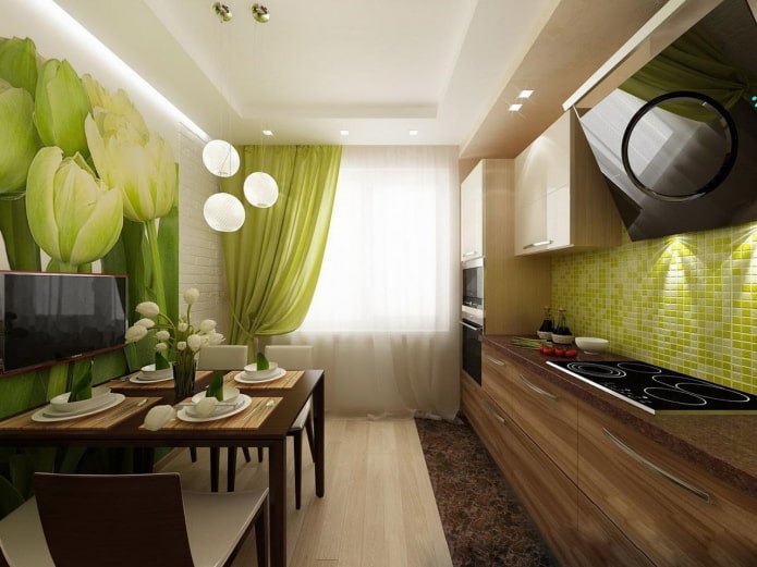 interno della cucina nei toni del verde e del marrone