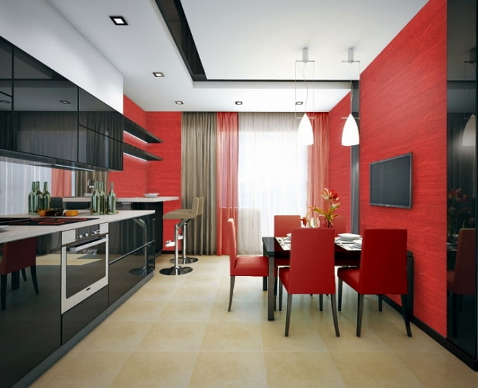 tende per una cucina rossa e nera