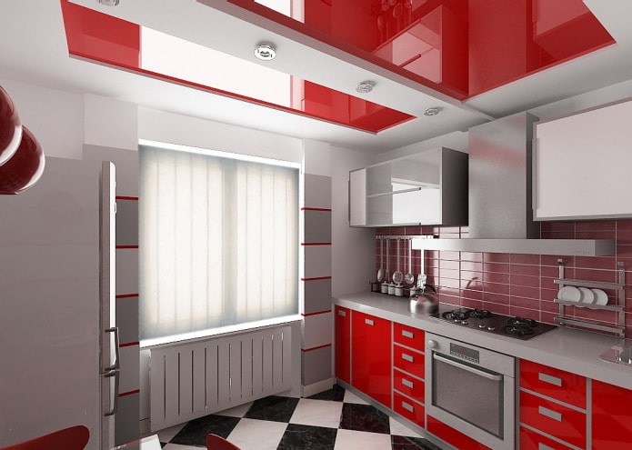 pareti grigie e soffitto rosso e bianco