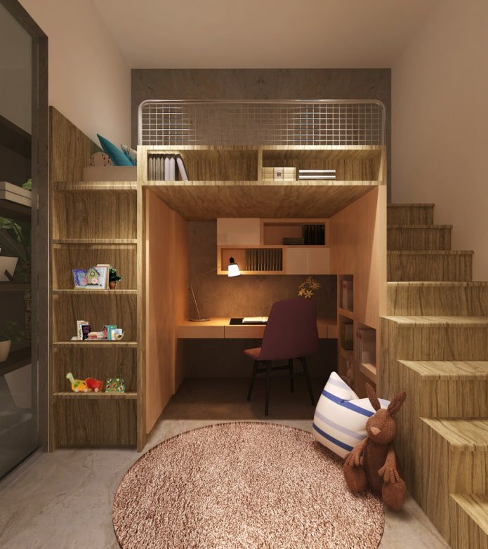 letto al secondo livello nella cameretta dei bambini