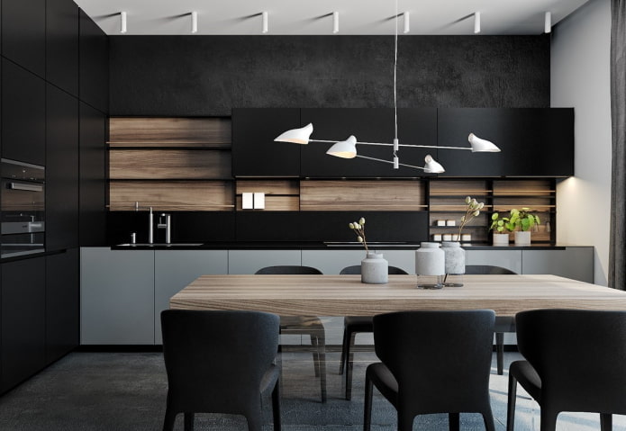 Cucina nera con mobili grigi