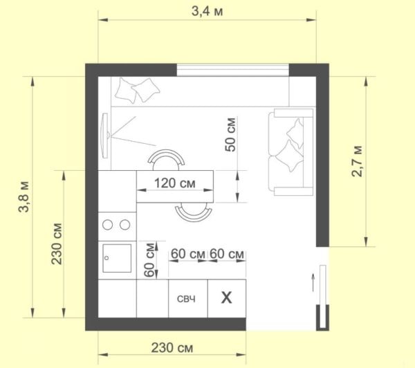 progettazione di una cucina-soggiorno di 12 metri quadrati