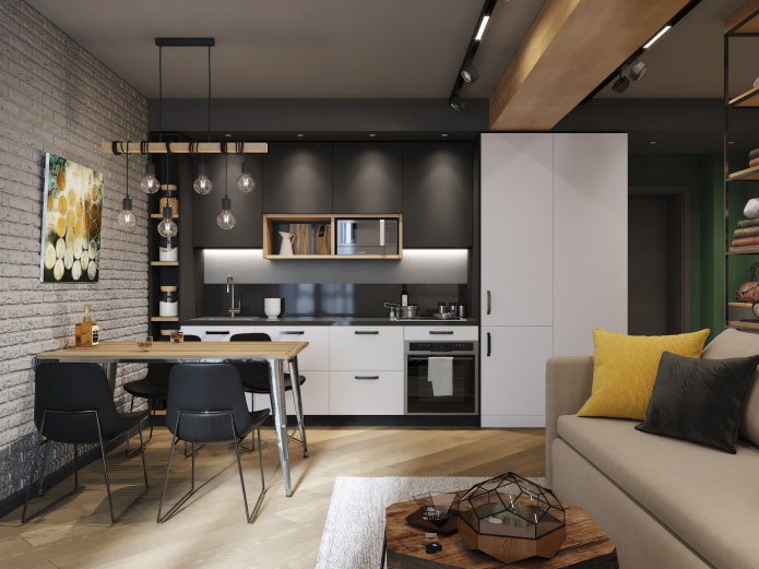interno di una cucina-soggiorno di 15 metri quadrati in stile loft