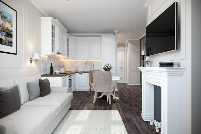 interno di una cucina-soggiorno di 15 metri quadrati in stile classico