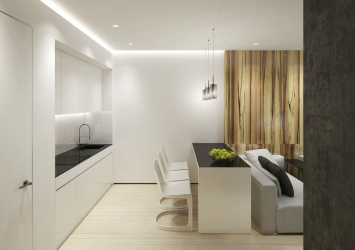 interno di una cucina-soggiorno di 15 metri quadrati in stile minimalista
