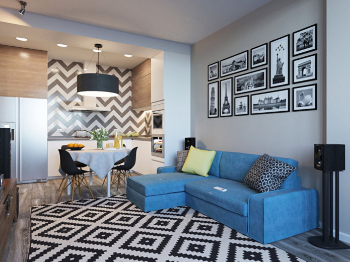 interno di una cucina-soggiorno di 15 metri quadrati in stile scandinavo