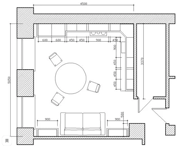 cucina-soggiorno quadrata di 16 mq