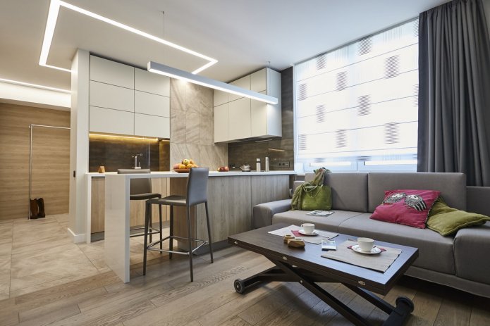 cucina-soggiorno con set a forma di U