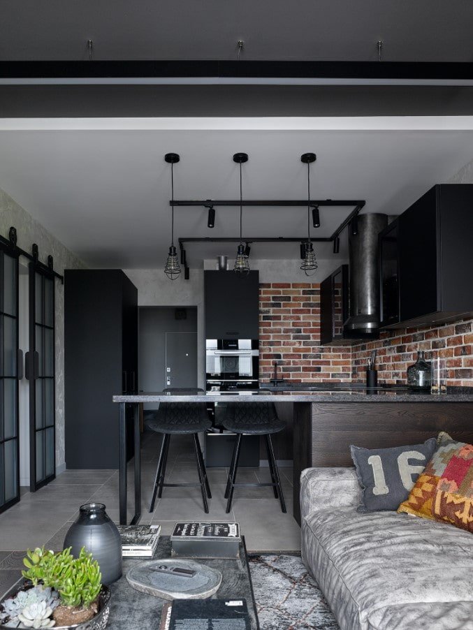 monolocale in stile loft con bancone bar
