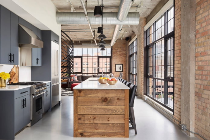 cucina con soggiorno in stile loft