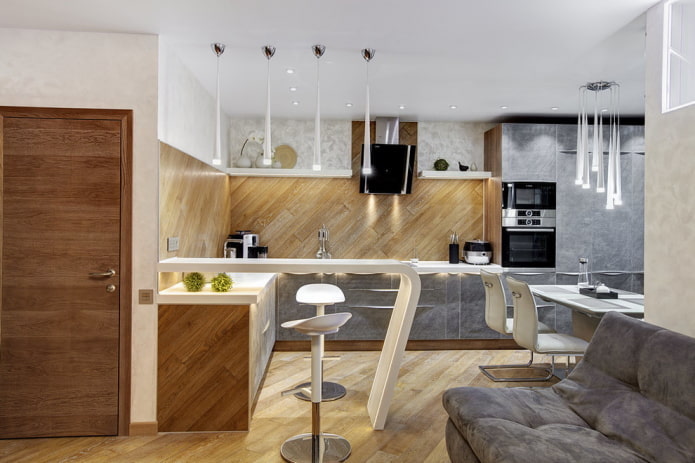interno di una cucina-studio con bancone del bar