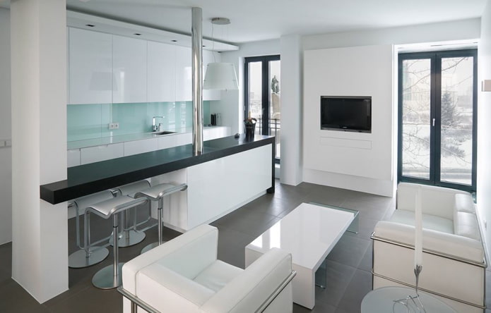 Progettazione degli interni di una cucina-studio in stile minimalista