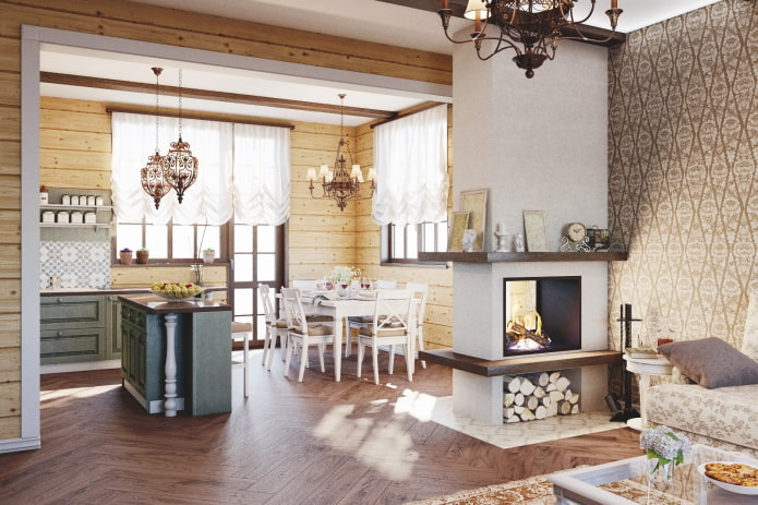 interno di una cucina studio con camino a forma di tramezzo