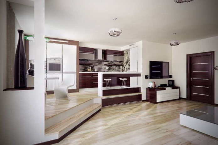 interno di una cucina-studio con pavimento a podio