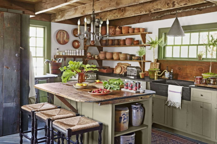 decorazione e illuminazione della cucina in stile rustico country
