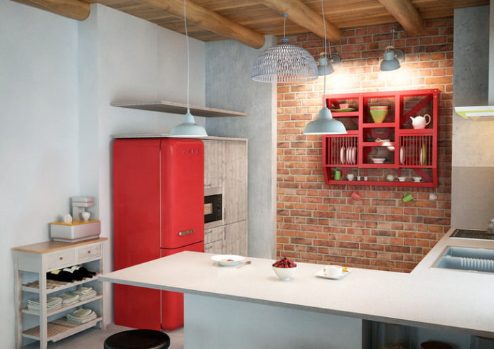 cucina bianca e rossa in stile loft