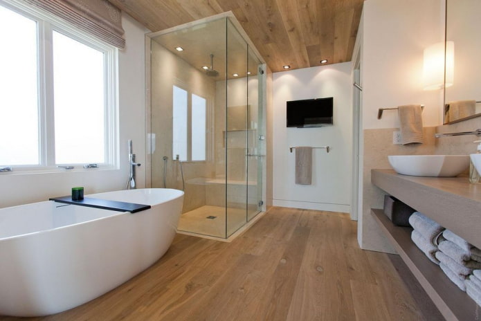 soffitto effetto legno in bagno