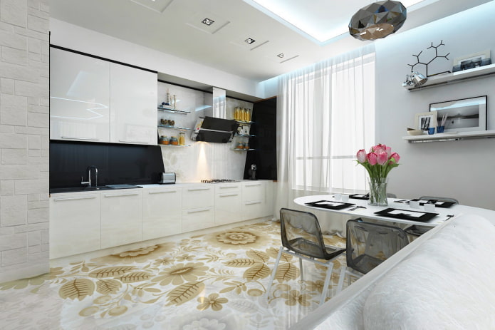 linoleum con motivi negli interni della cucina