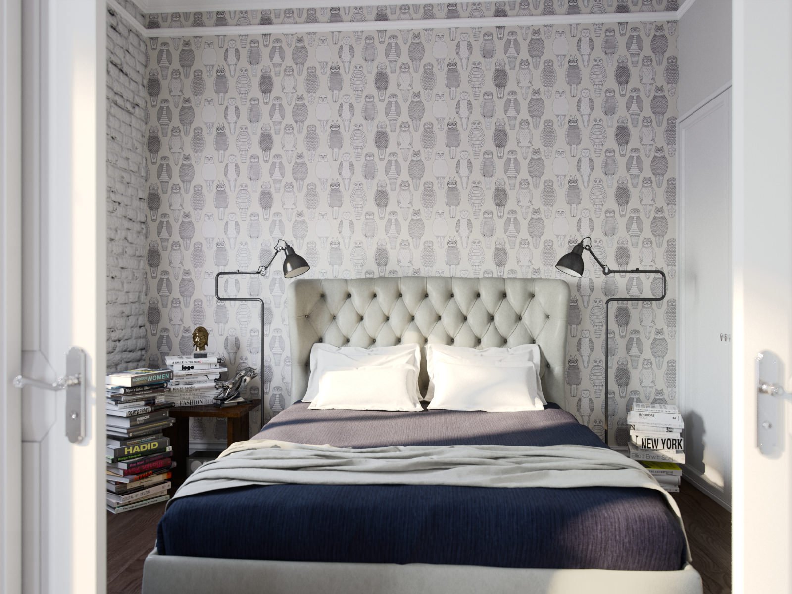 design della camera da letto con carta da parati grigia