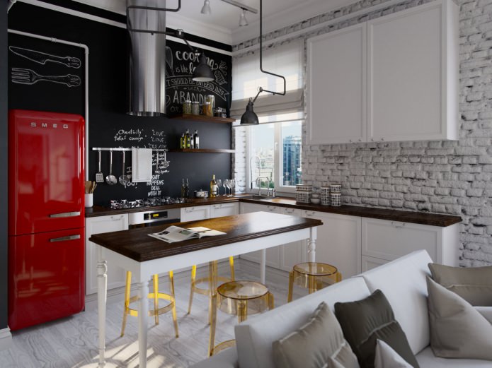Mattoni bianchi nell'interno della cucina