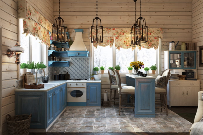 lampadario all'interno della cucina in stile provenzale