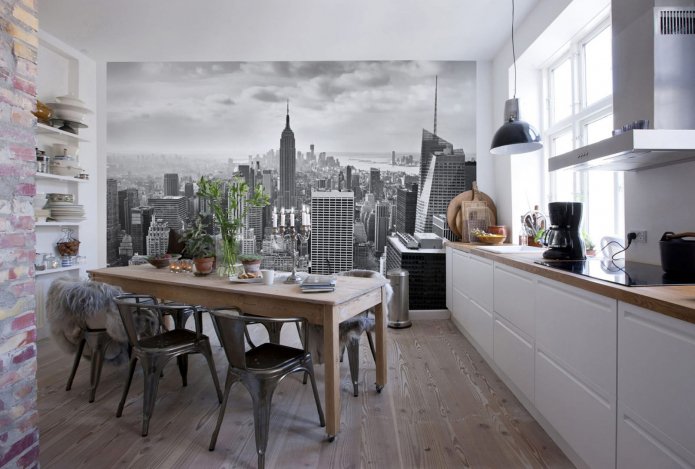 cucina moderna con carta da parati fotografica