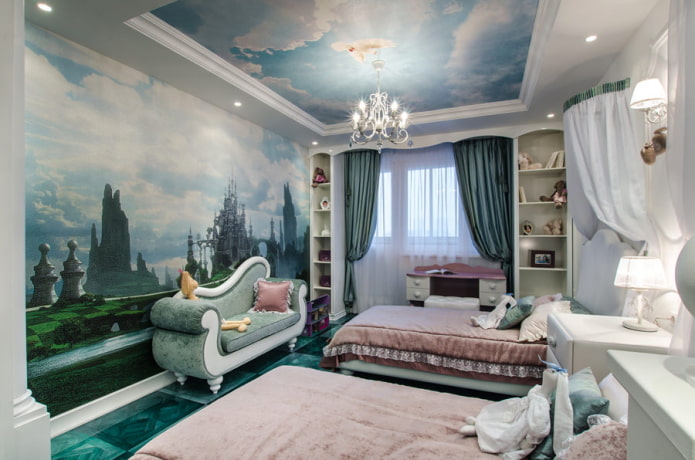 la cameretta di una bambina con l'immagine di un palazzo da favola