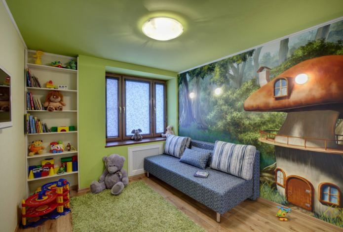 soffitto teso verde nella cameretta dei bambini