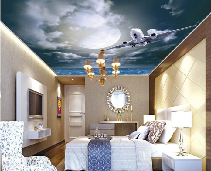 soffitto con l'immagine del cielo e un aeroplano in camera da letto