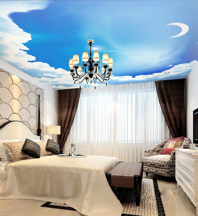 soffitto con immagine del cielo in camera da letto