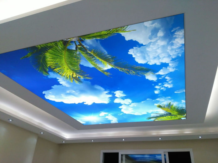 soffitto teso con stampa fotografica a forma di cielo