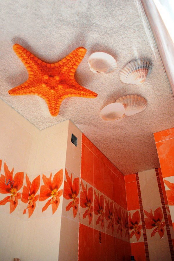 soffitto con immagine di spiaggia in bagno