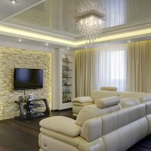 Soffitti tesi nel soggiorno: tipologie, design, illuminazione, 60 foto dell'interno-7