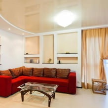 Soffitti tesi nel soggiorno: tipologie, design, illuminazione, 60 foto nell'interno-4