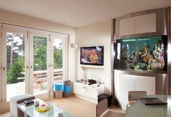 TV in una nicchia con un acquario all'interno