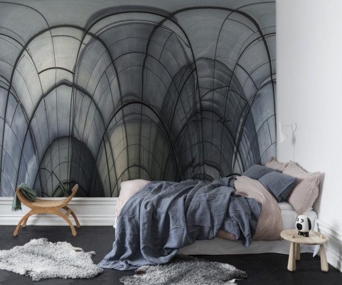 piccola camera da letto dal design minimalista e rifinita con carta da parati 3D